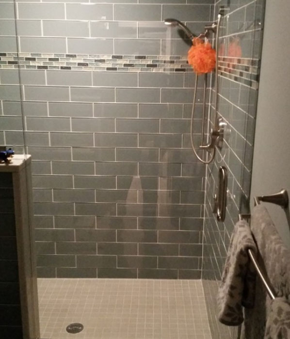 Shower. Gray tile design. Bathroom Remodeling. Johnson County Remodeling.