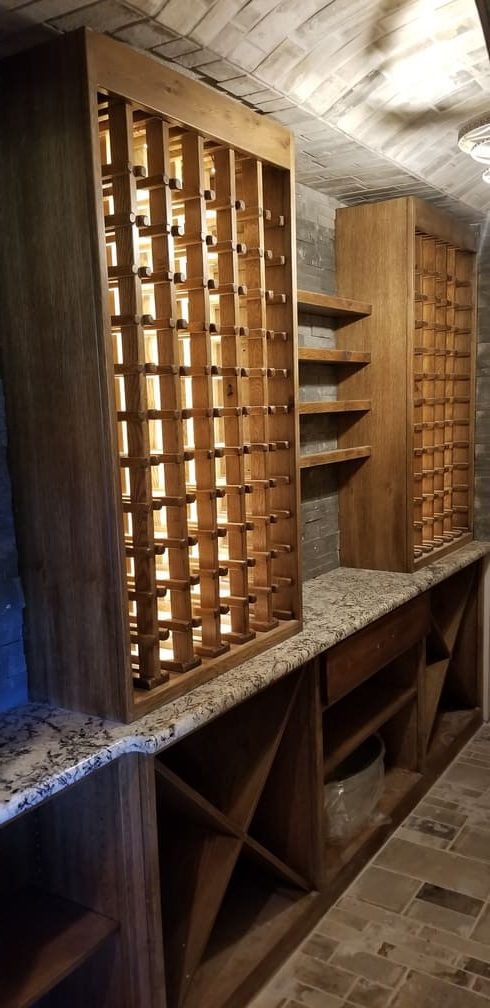 Wine storage shelves. Basement Remodeling. Johnson County Remodeling.